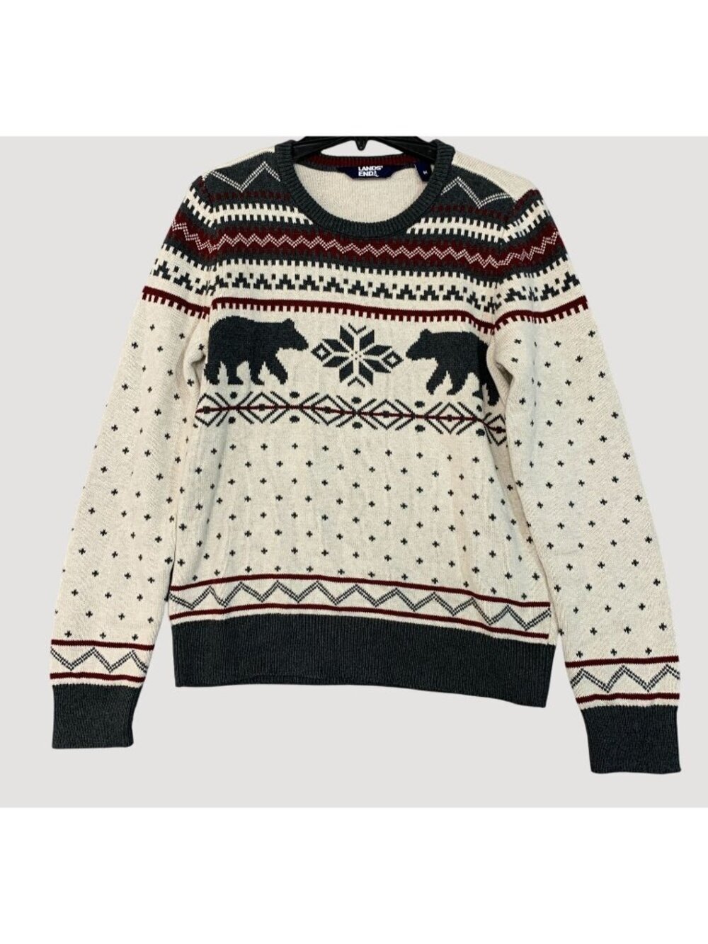 NWOT Lands' End Women's M Beige & Gray Sweater Nordic Bear Pattern
